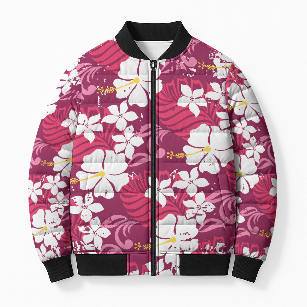 Pink Hawaiian Hibiscus Monstera Bomber Puffer Jacket Grunge Stylized