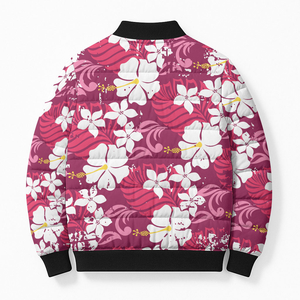 Pink Hawaiian Hibiscus Monstera Bomber Puffer Jacket Grunge Stylized