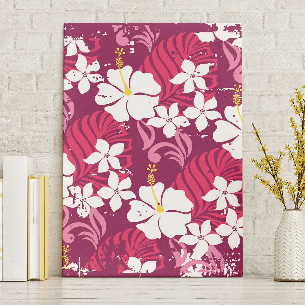 Pink Hawaiian Hibiscus Monstera Canvas Wall Art Grunge Stylized
