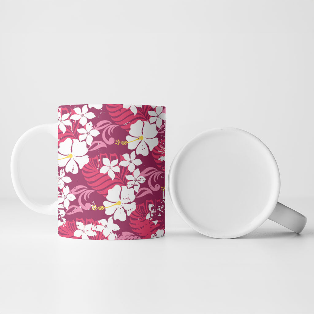 Pink Hawaiian Hibiscus Monstera Ceramic Mug Grunge Stylized