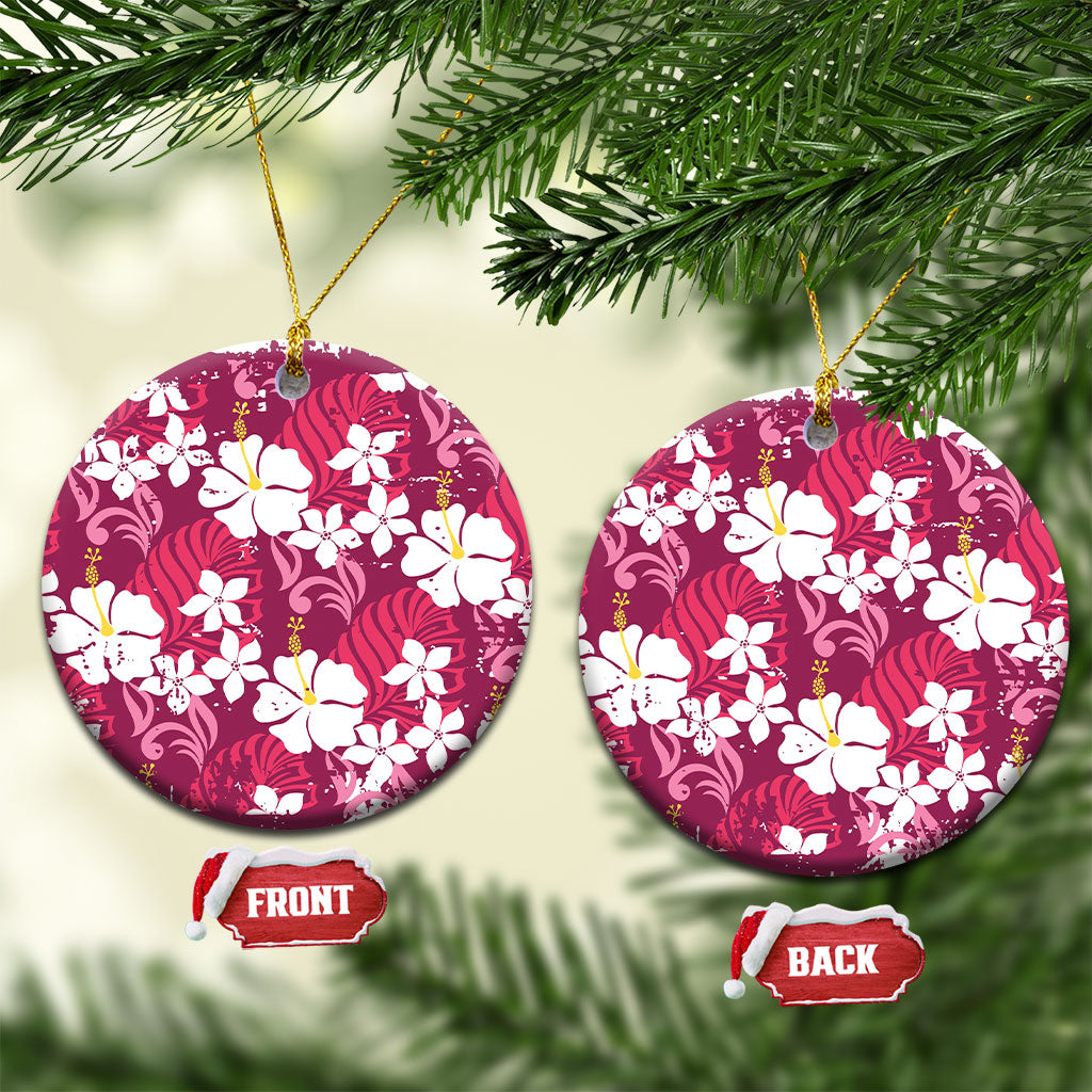 Pink Hawaiian Hibiscus Monstera Ceramic Ornament Grunge Stylized LT01 Circle Pink - Polynesian Pride