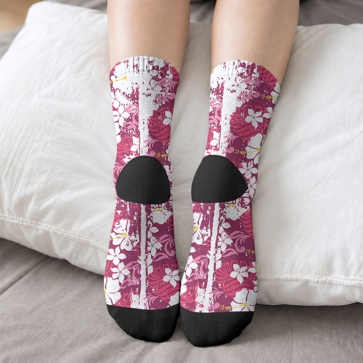 Pink Hawaiian Hibiscus Monstera Crew Socks Grunge Stylized LT01 - Polynesian Pride