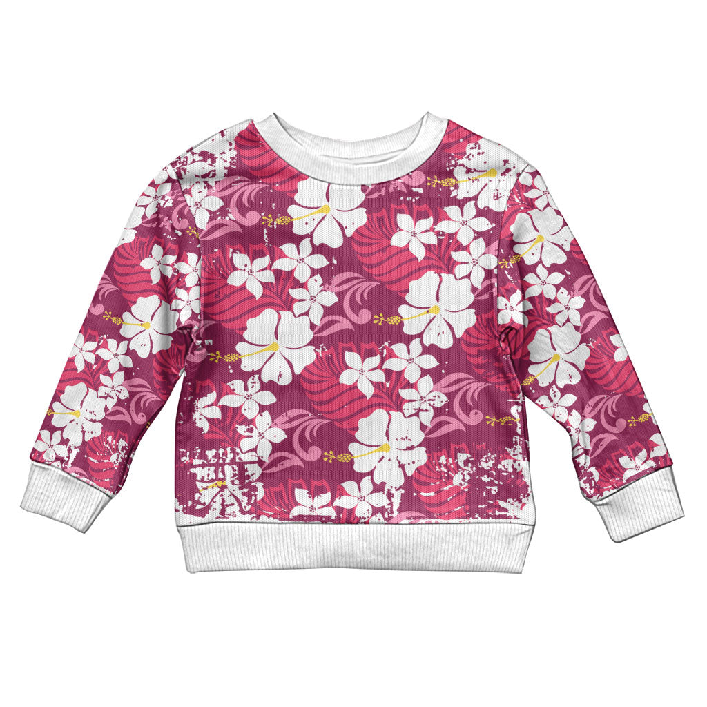 Pink Hawaiian Hibiscus Monstera Kid Ugly Christmas Sweater Grunge Stylized LT01 Kid Pink - Polynesian Pride