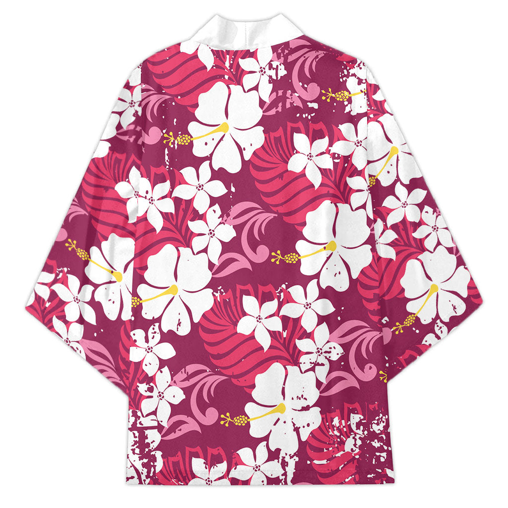 Pink Hawaiian Hibiscus Monstera Kimono Grunge Stylized LT01 - Polynesian Pride
