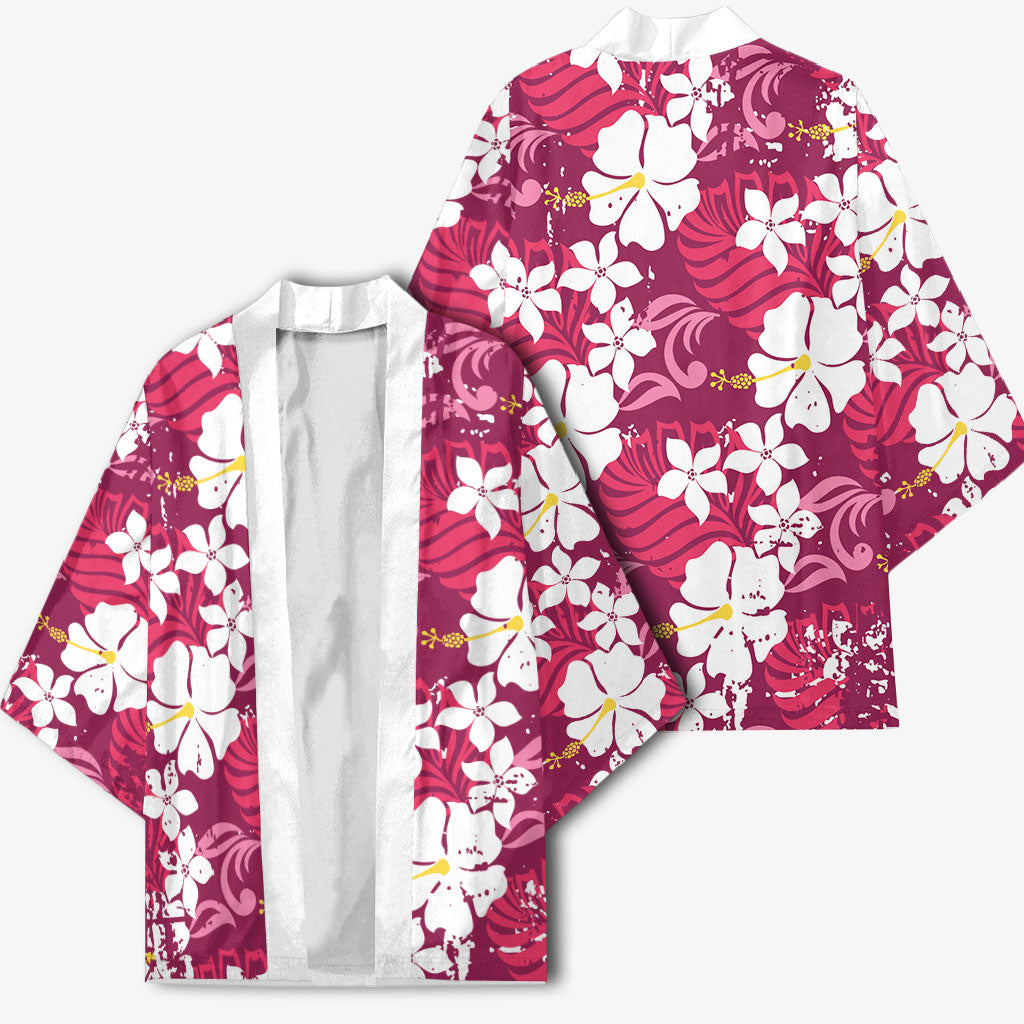 Pink Hawaiian Hibiscus Monstera Kimono Grunge Stylized LT01 - Polynesian Pride