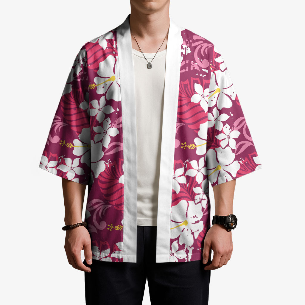 Pink Hawaiian Hibiscus Monstera Kimono Grunge Stylized LT01 - Polynesian Pride