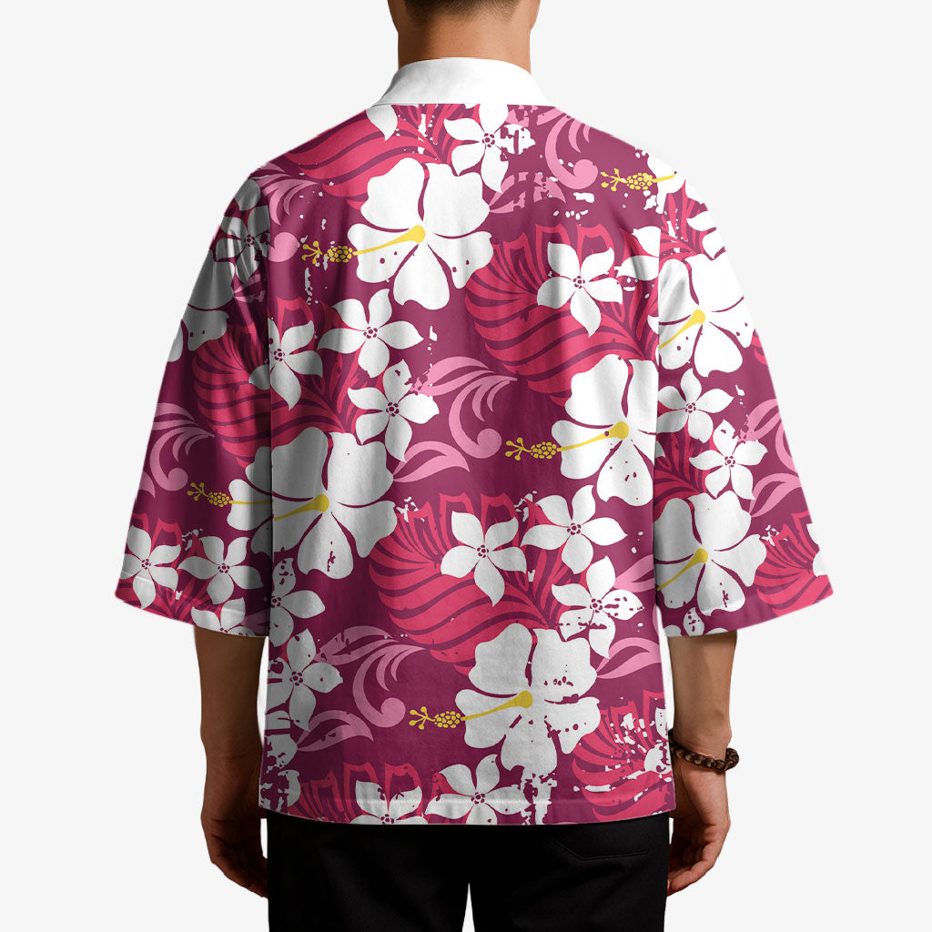 Pink Hawaiian Hibiscus Monstera Kimono Grunge Stylized LT01 - Polynesian Pride