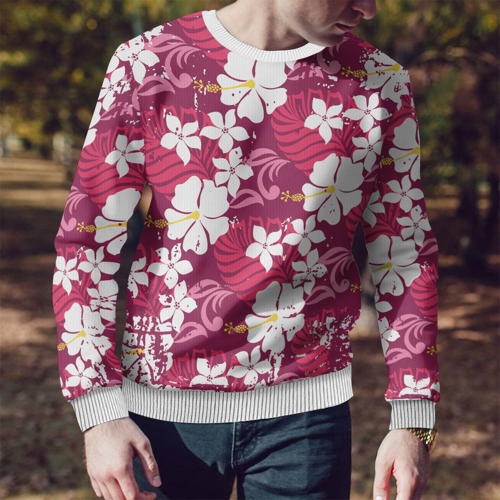 Pink Hawaiian Hibiscus Monstera Ugly Christmas Sweater Grunge Stylized LT01 - Polynesian Pride