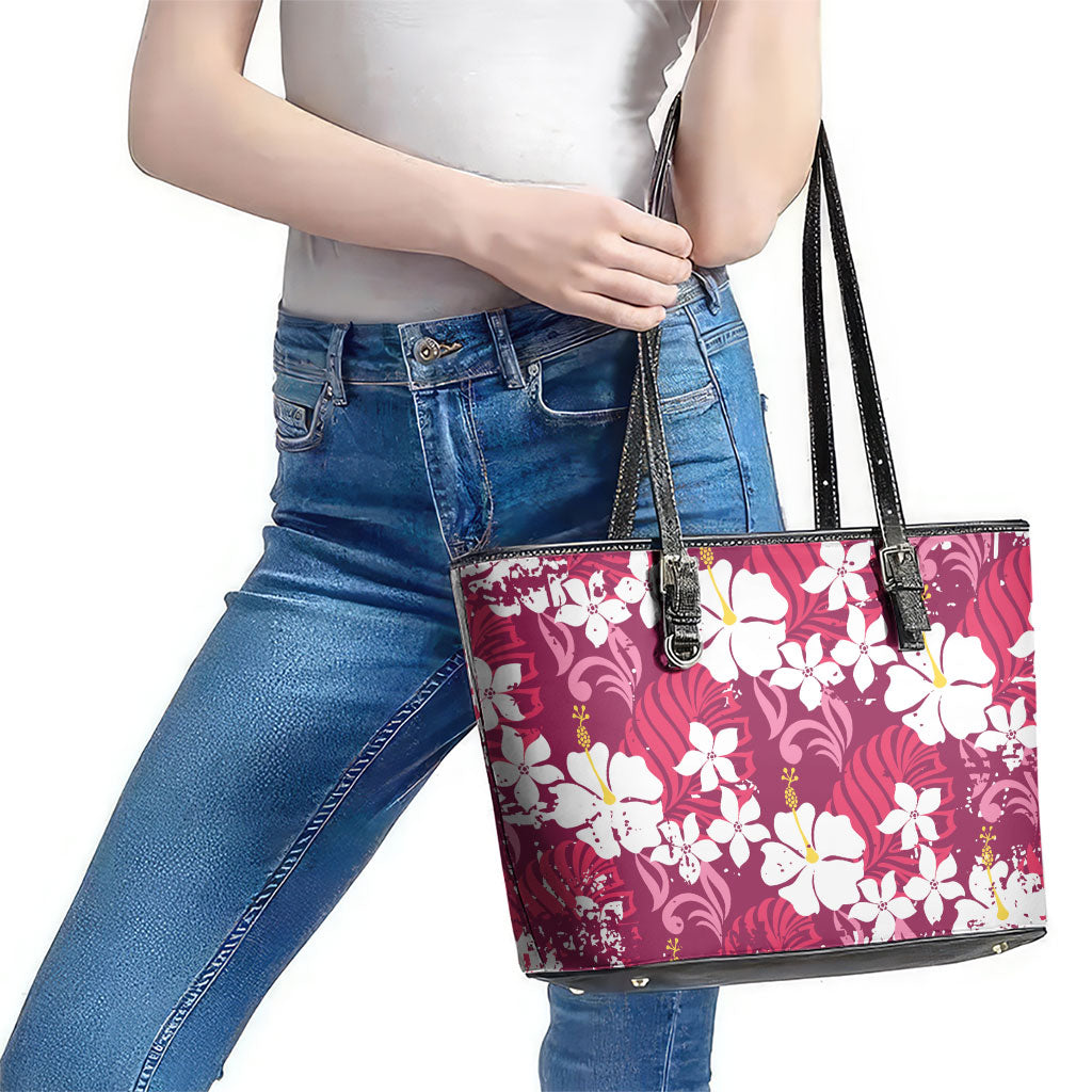Pink Hawaiian Hibiscus Monstera Leather Tote Bag Grunge Stylized LT01 - Polynesian Pride