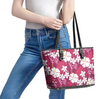 Pink Hawaiian Hibiscus Monstera Leather Tote Bag Grunge Stylized LT01 - Polynesian Pride