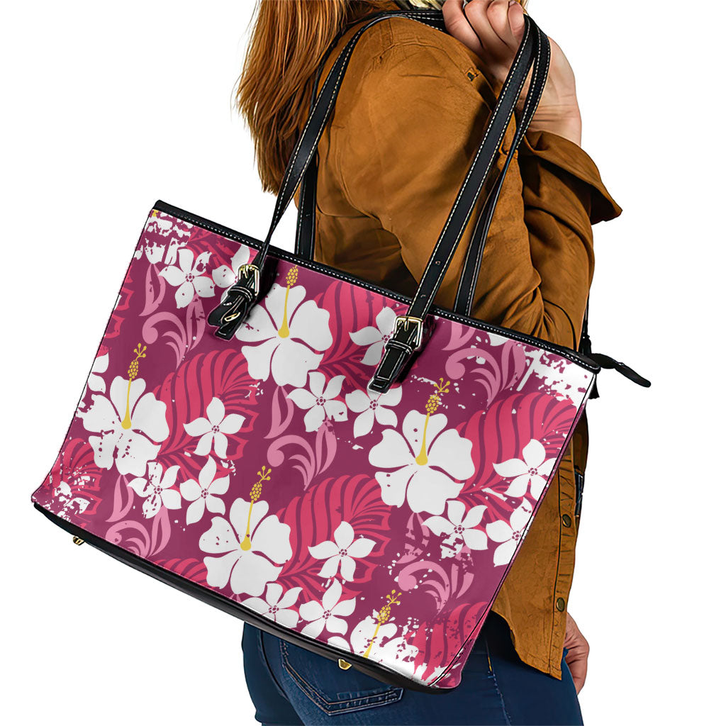 Pink Hawaiian Hibiscus Monstera Leather Tote Bag Grunge Stylized LT01 - Polynesian Pride