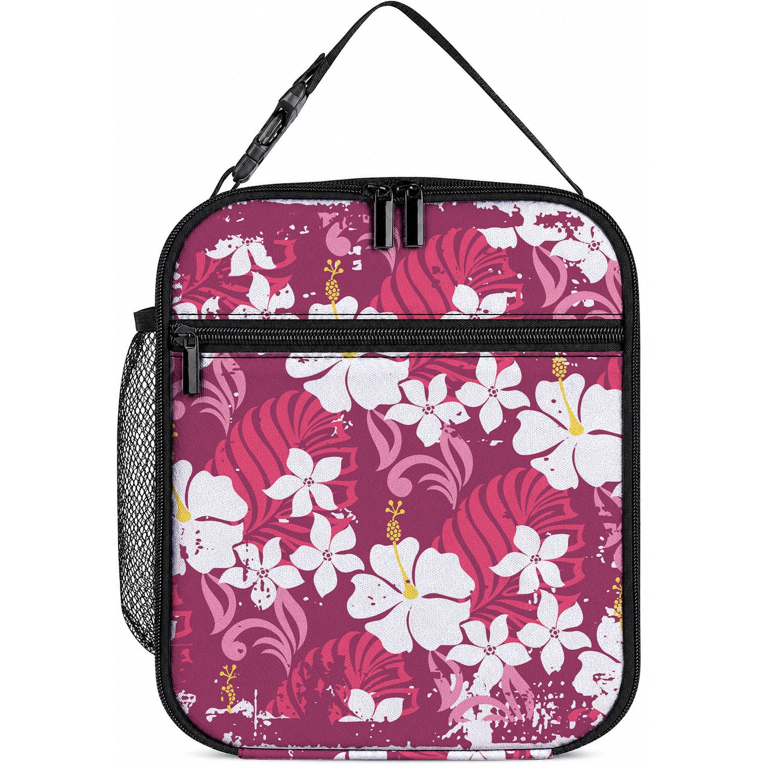 Pink Hawaiian Hibiscus Monstera Lunch Bag Grunge Stylized LT01 10.2 × 8.3 × 4.3 inch Pink - Polynesian Pride