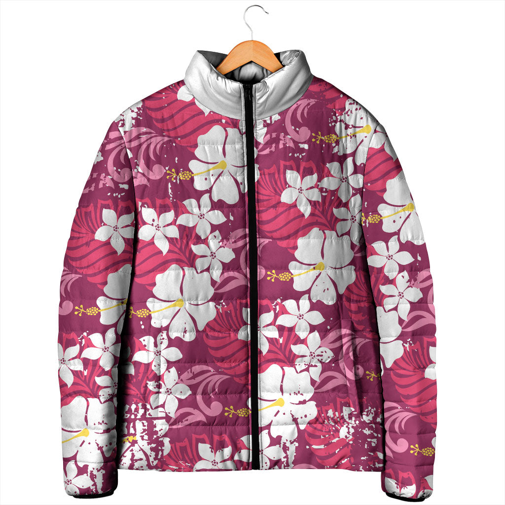 Pink Hawaiian Hibiscus Monstera Padded Jacket Grunge Stylized