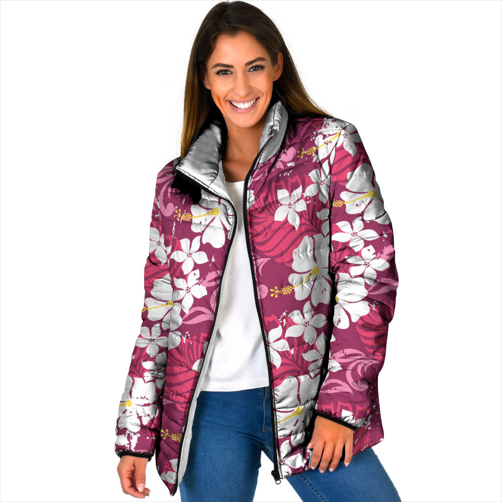 Pink Hawaiian Hibiscus Monstera Padded Jacket Grunge Stylized