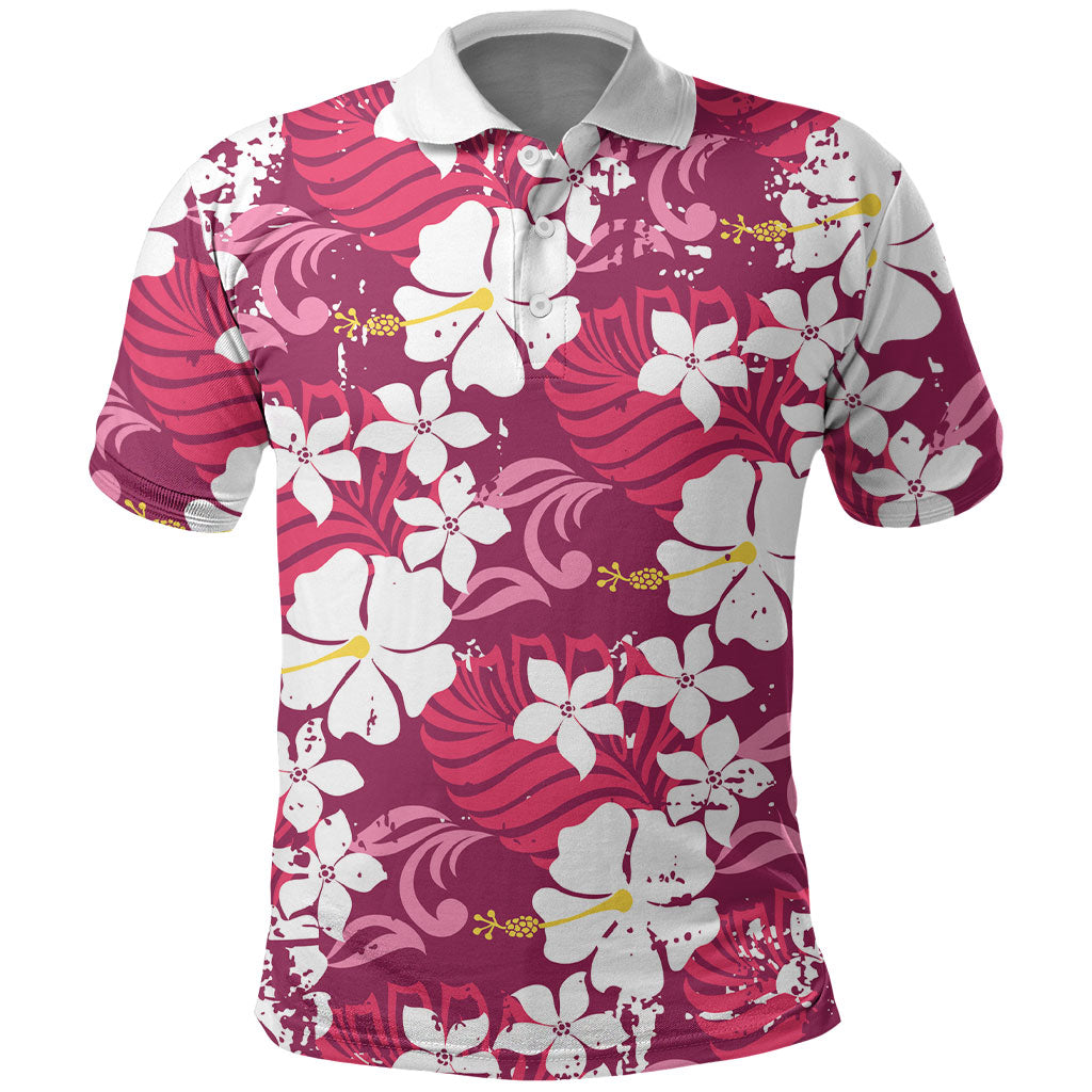 Pink Hawaiian Hibiscus Monstera Polo Shirt Grunge Stylized