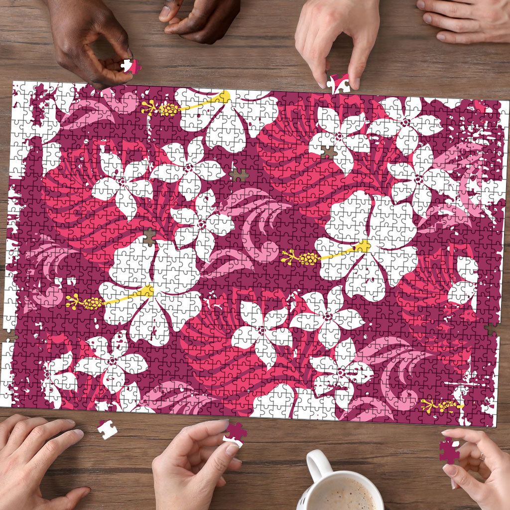 Pink Hawaiian Hibiscus Monstera Puzzle Grunge Stylized