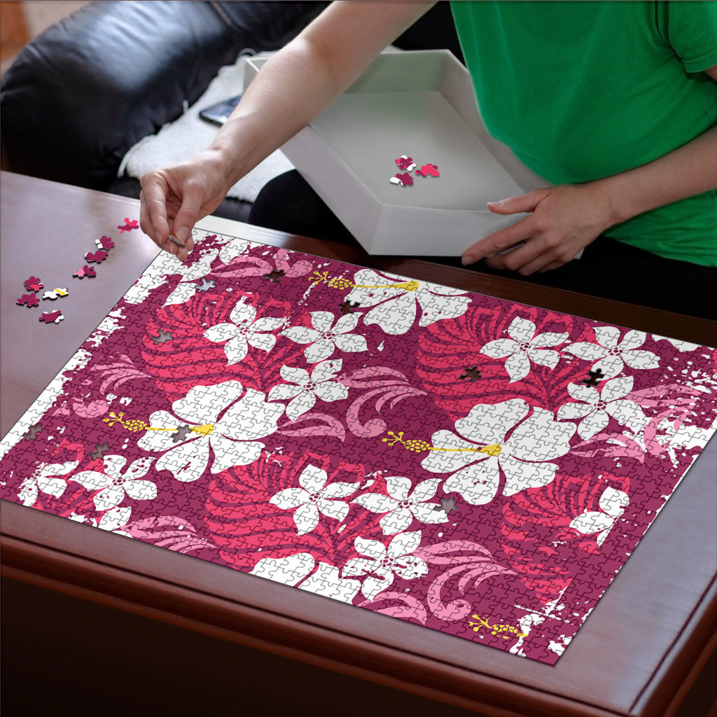 Pink Hawaiian Hibiscus Monstera Puzzle Grunge Stylized