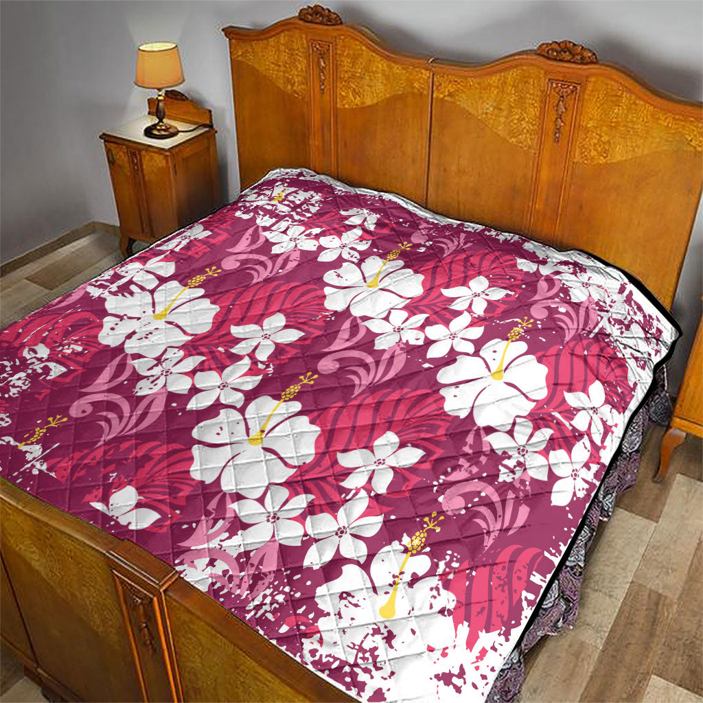 Pink Hawaiian Hibiscus Monstera Quilt Grunge Stylized LT01 - Polynesian Pride