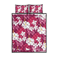 Pink Hawaiian Hibiscus Monstera Quilt Bed Set Grunge Stylized