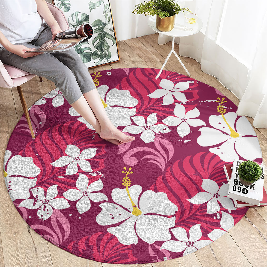 Pink Hawaiian Hibiscus Monstera Round Carpet Grunge Stylized LT01 - Polynesian Pride