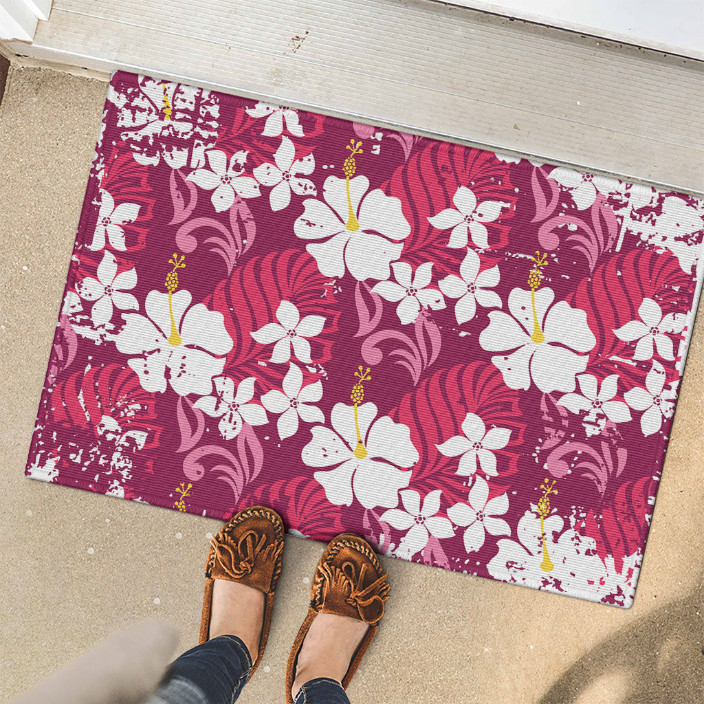 Pink Hawaiian Hibiscus Monstera Rubber Doormat Grunge Stylized LT01 - Polynesian Pride