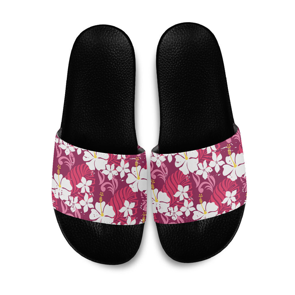 Pink Hawaiian Hibiscus Monstera Slide Sandals Grunge Stylized LT01 Pink - Polynesian Pride
