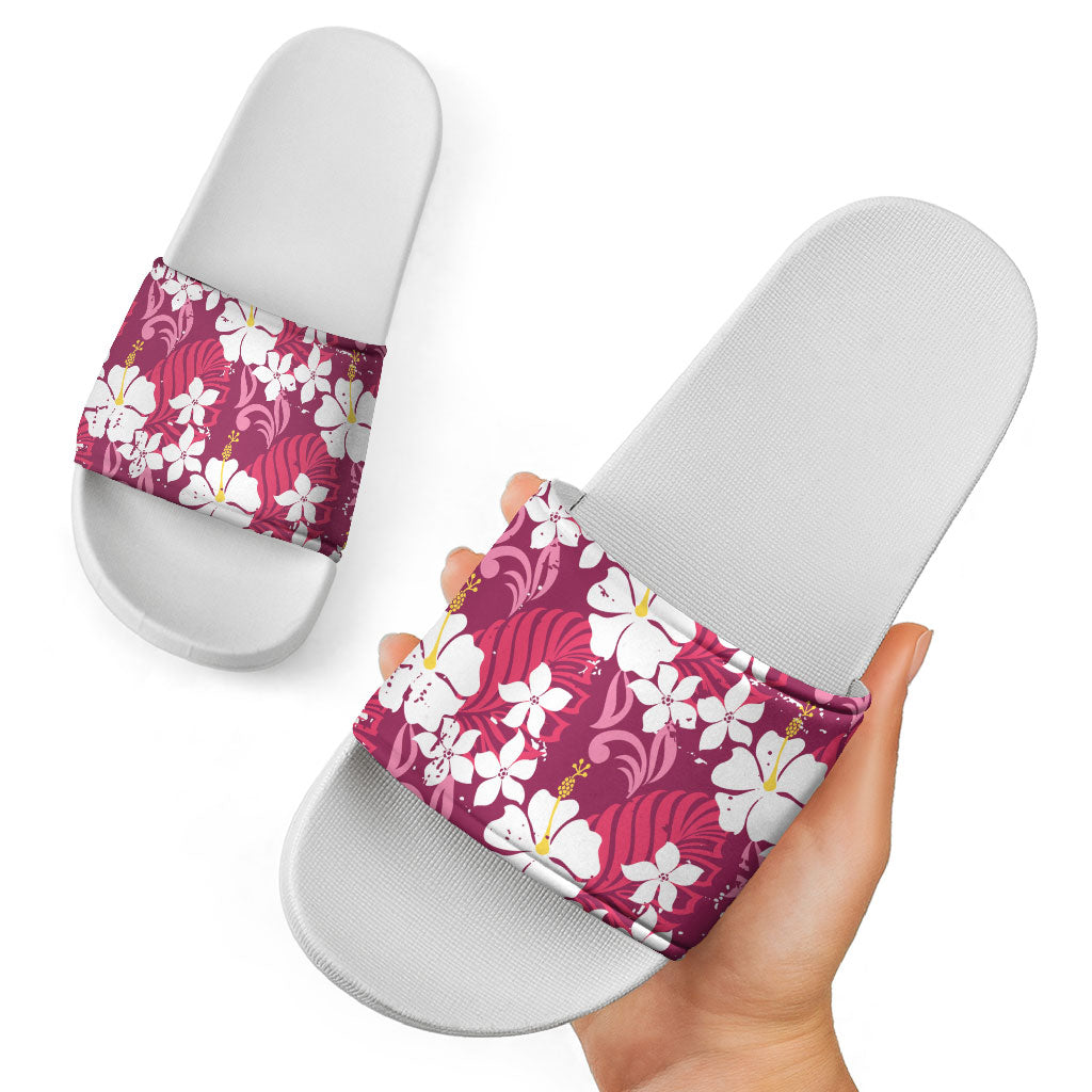 Pink Hawaiian Hibiscus Monstera Slide Sandals Grunge Stylized LT01 - Polynesian Pride