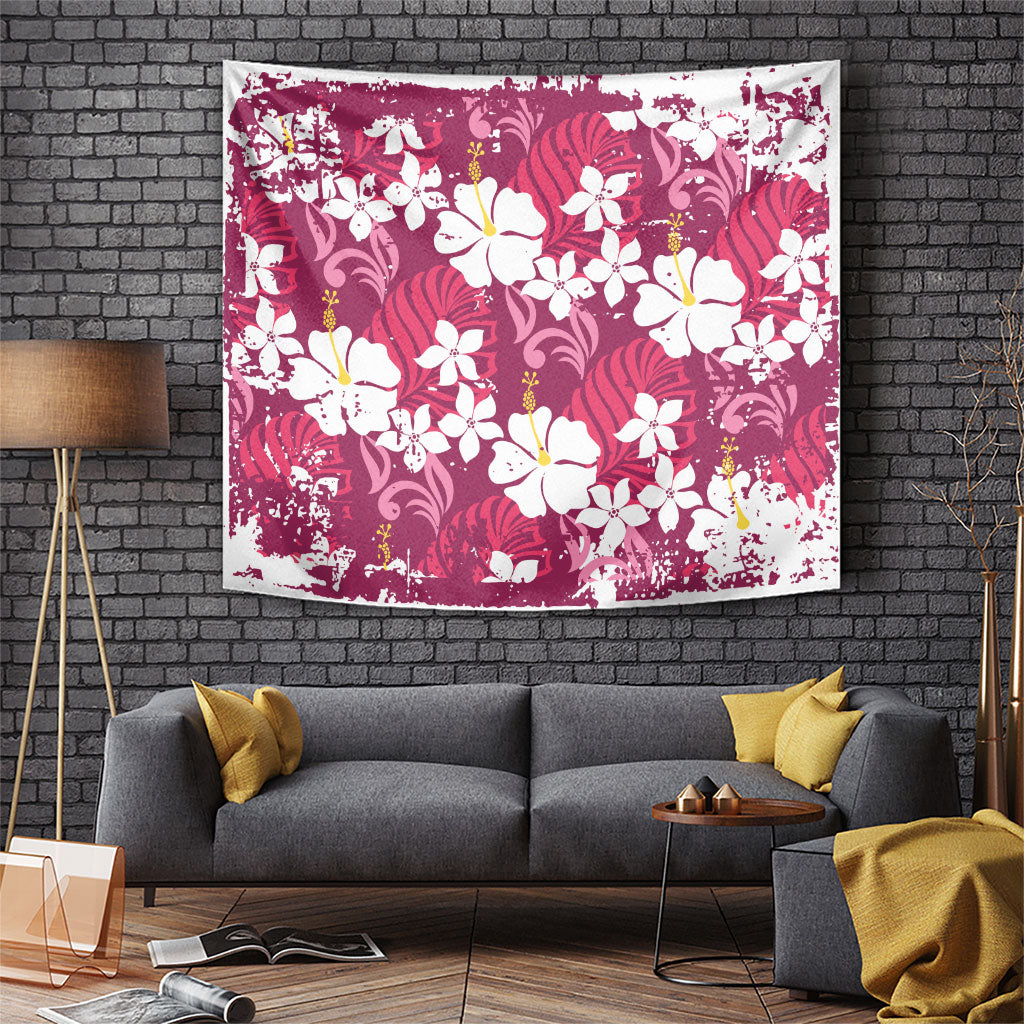 Pink Hawaiian Hibiscus Monstera Tapestry Grunge Stylized