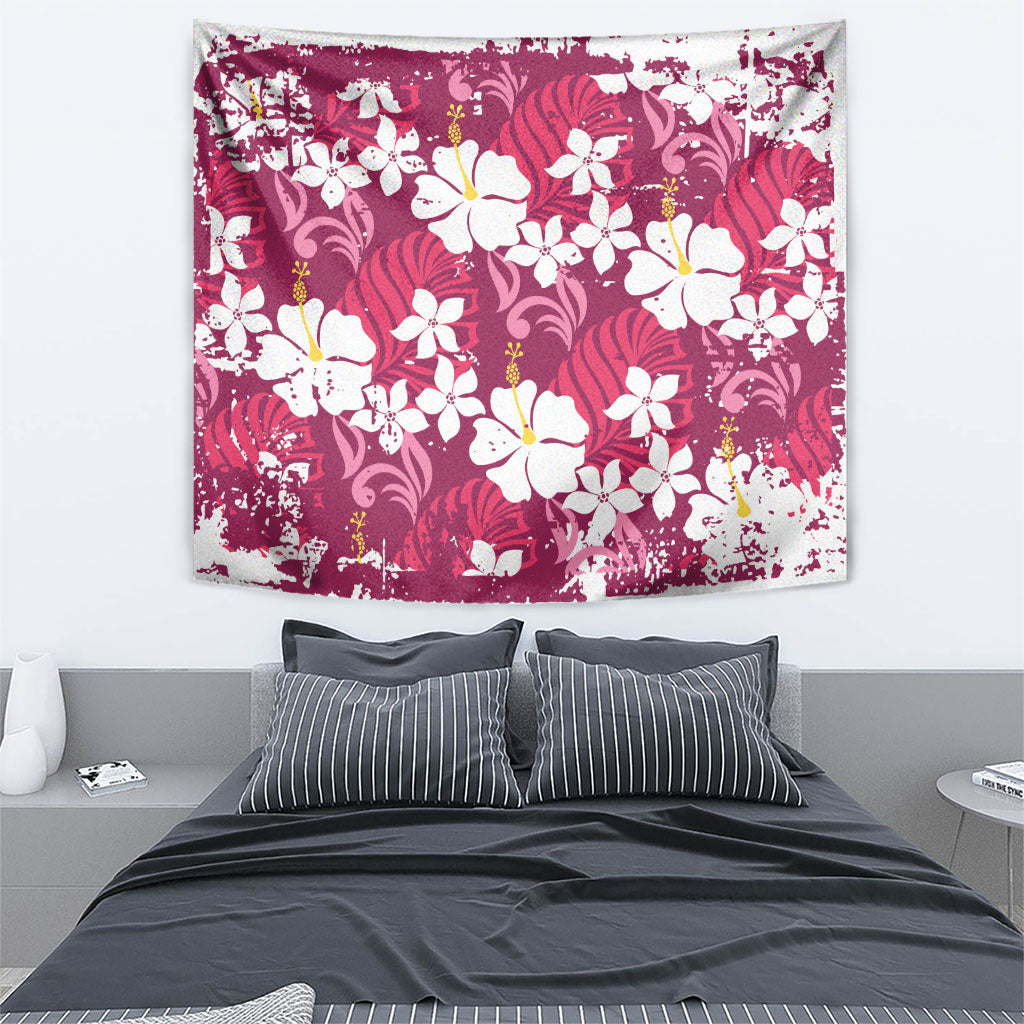 Pink Hawaiian Hibiscus Monstera Tapestry Grunge Stylized