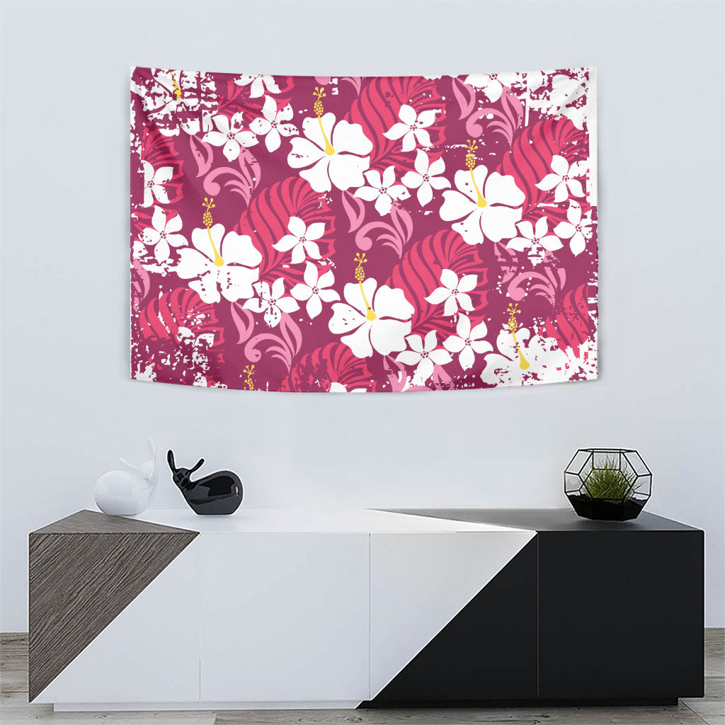 Pink Hawaiian Hibiscus Monstera Tapestry Grunge Stylized