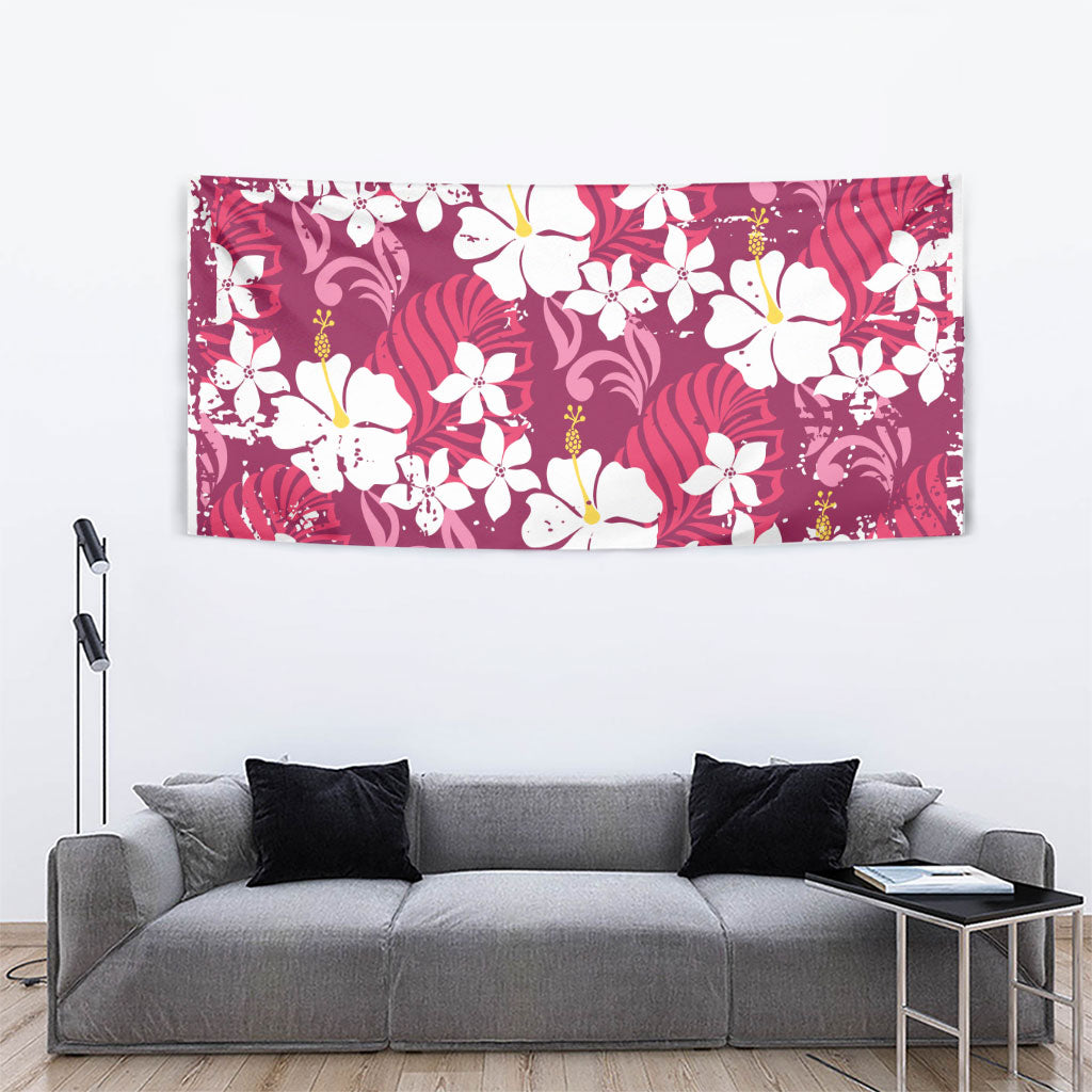Pink Hawaiian Hibiscus Monstera Tapestry Grunge Stylized