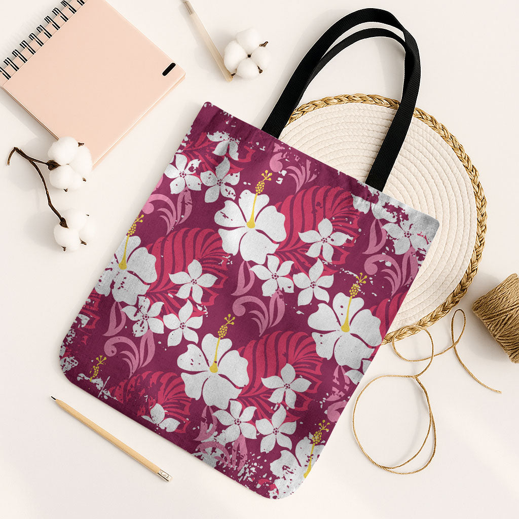 Pink Hawaiian Hibiscus Monstera Tote Bag Grunge Stylized LT01 Black Strap One Size Pink - Polynesian Pride