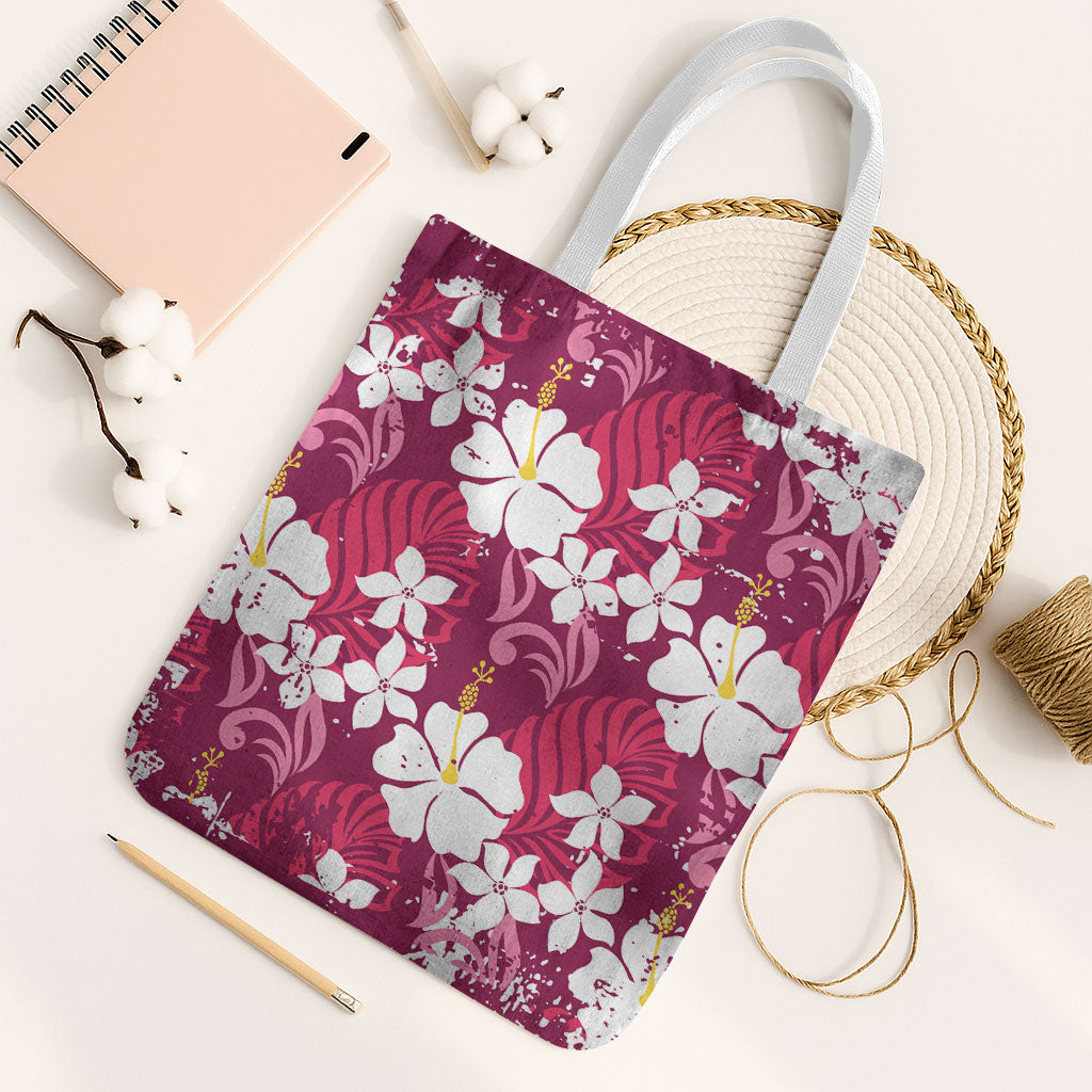 Pink Hawaiian Hibiscus Monstera Tote Bag Grunge Stylized LT01 White Strap One Size Pink - Polynesian Pride