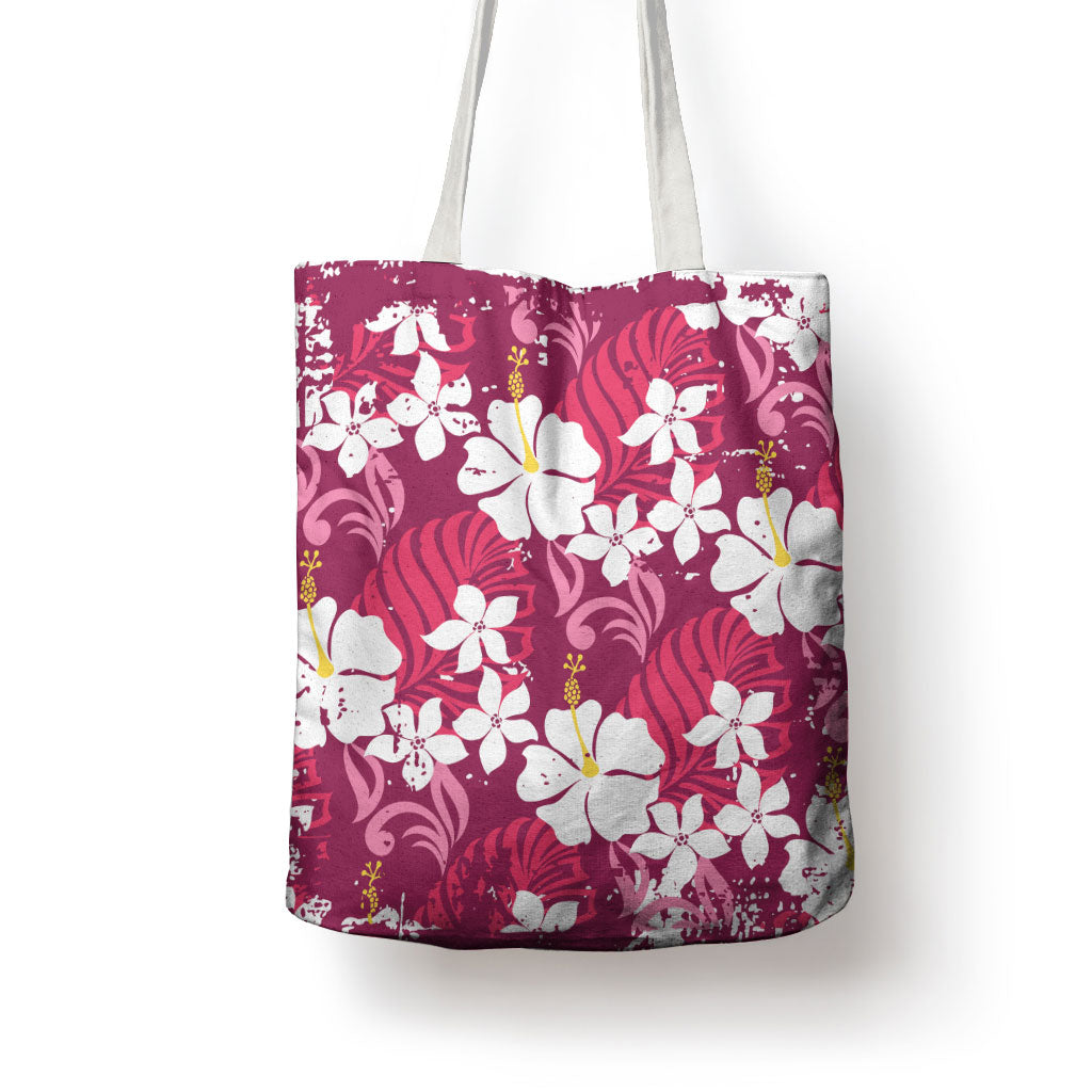Pink Hawaiian Hibiscus Monstera Tote Bag Grunge Stylized LT01 - Polynesian Pride