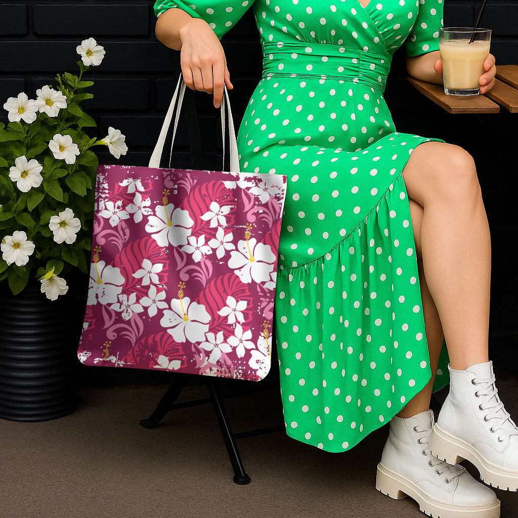 Pink Hawaiian Hibiscus Monstera Tote Bag Grunge Stylized LT01 - Polynesian Pride