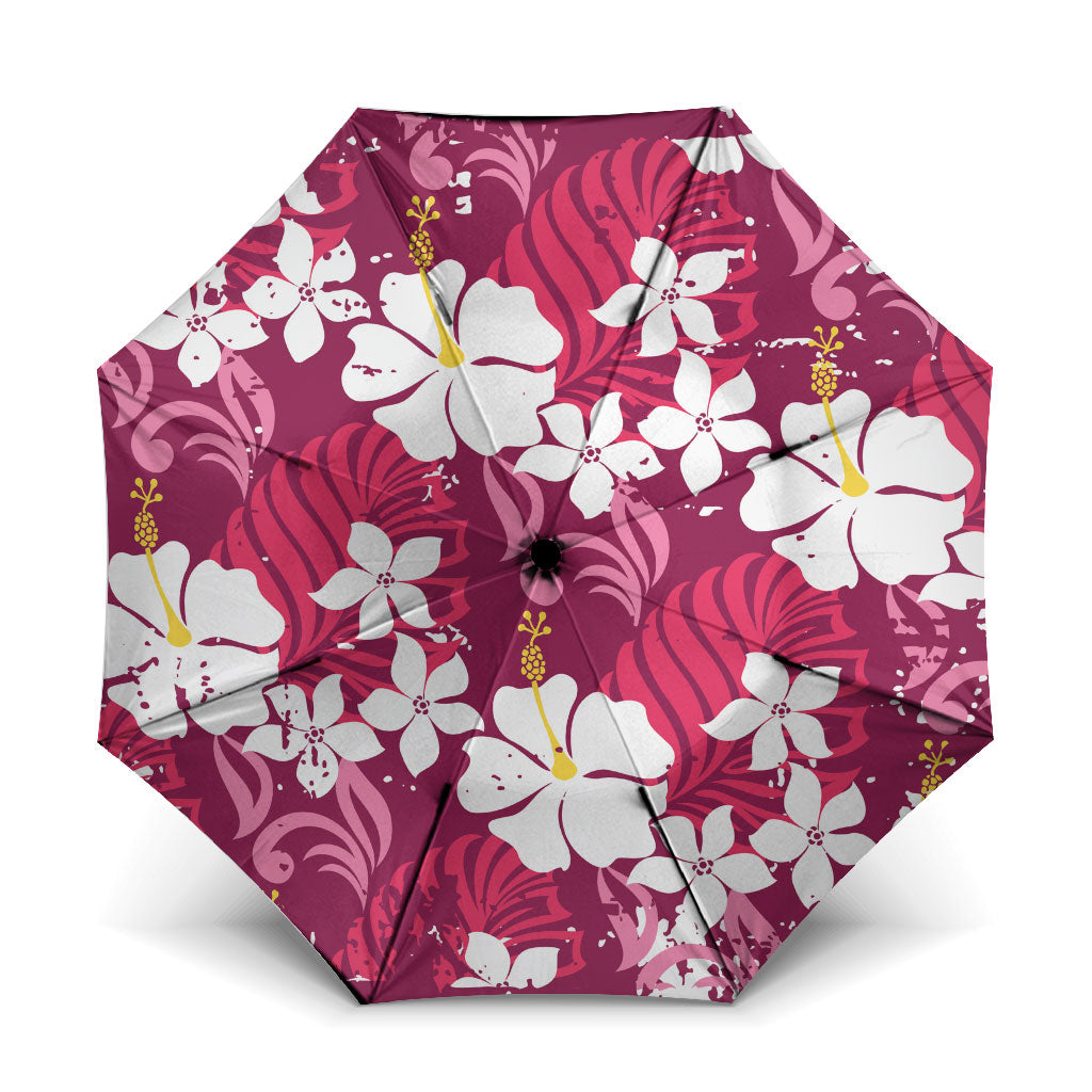 Pink Hawaiian Hibiscus Monstera Umbrella Grunge Stylized LT01 One Size Folded 11.42 inch Opened Diameter 37.4 inch Pink - Polynesian Pride