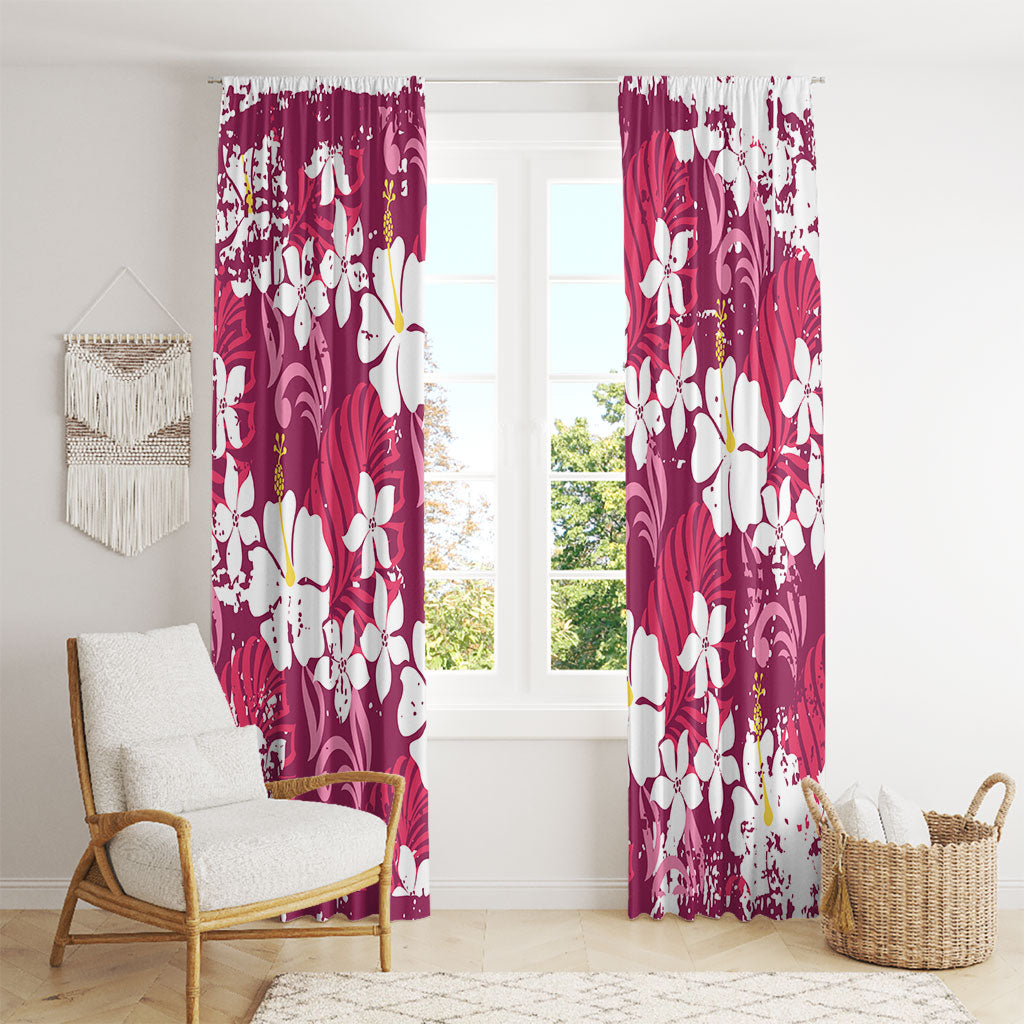 Pink Hawaiian Hibiscus Monstera Window Curtain Grunge Stylized LT01 - Polynesian Pride