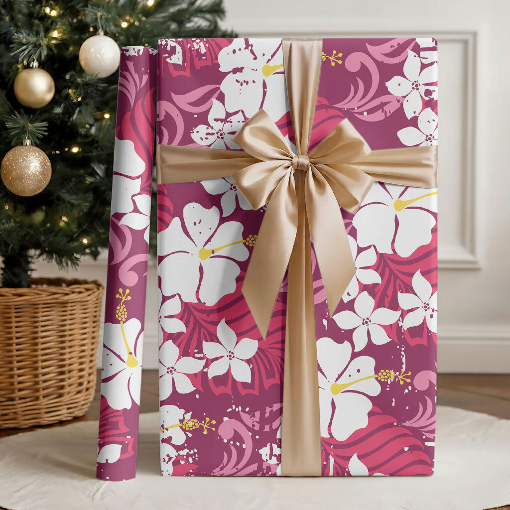 Pink Hawaiian Hibiscus Monstera Wrapping Paper Grunge Stylized LT01 - Polynesian Pride