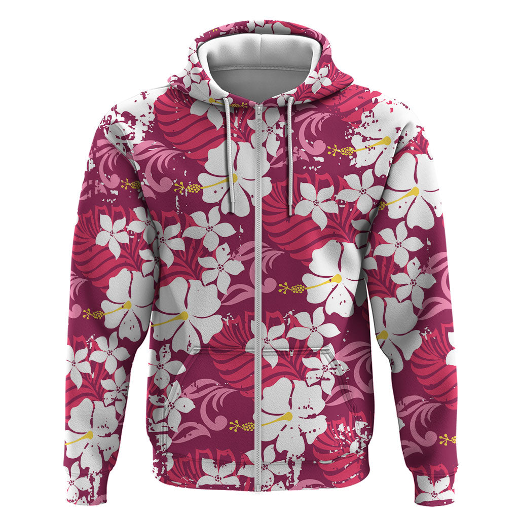 Pink Hawaiian Hibiscus Monstera Zip Hoodie Grunge Stylized LT01 Zip Hoodie Pink - Polynesian Pride
