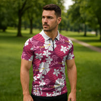Pink Hawaiian Hibiscus Monstera Zipper Polo Shirt Grunge Stylized LT01 - Polynesian Pride