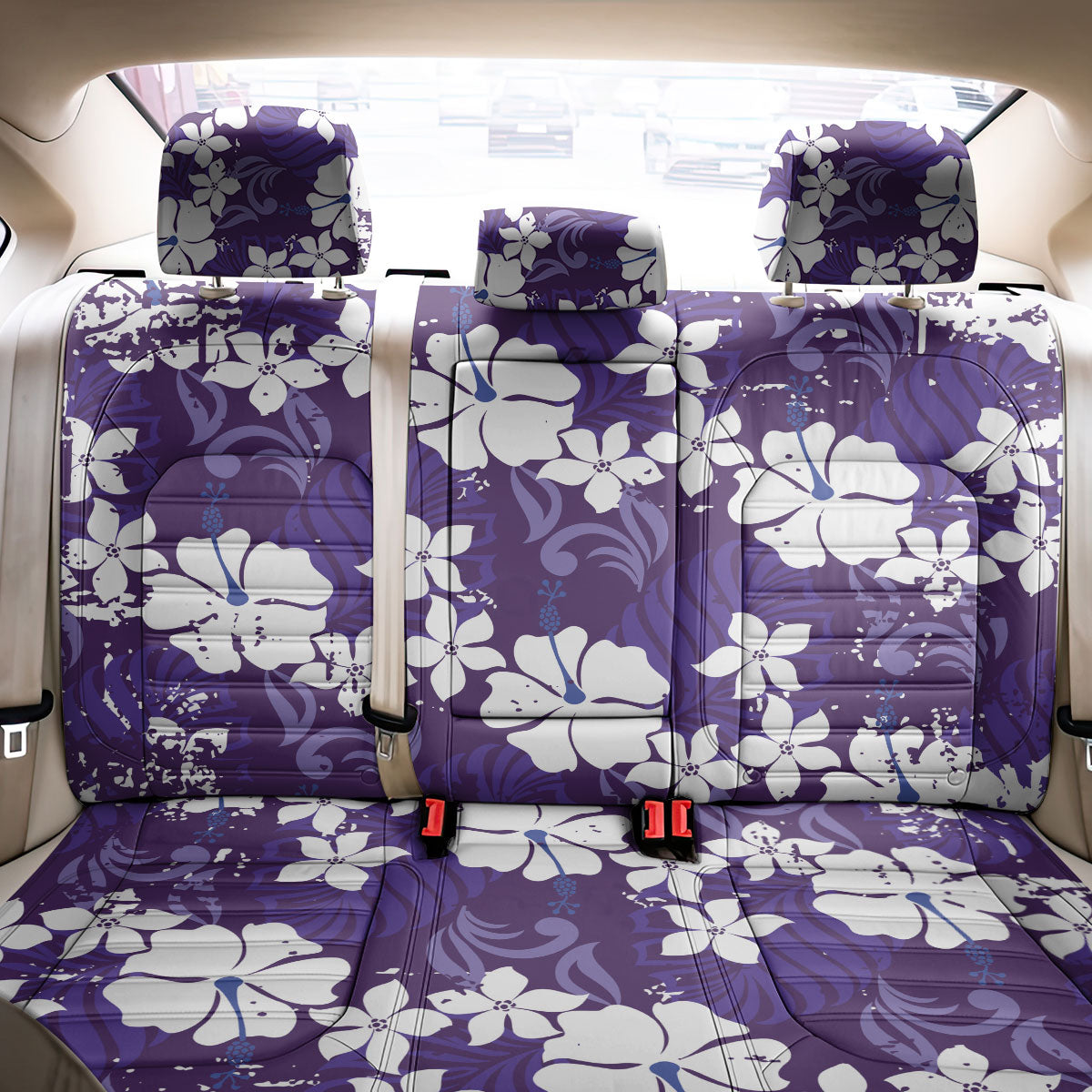 Purple Hawaiian Hibiscus Monstera Back Car Seat Cover Grunge Stylized LT01 - Polynesian Pride
