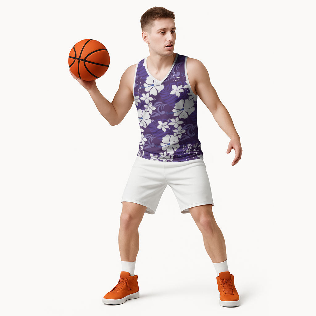 Purple Hawaiian Hibiscus Monstera Basketball Jersey Grunge Stylized LT01 - Polynesian Pride