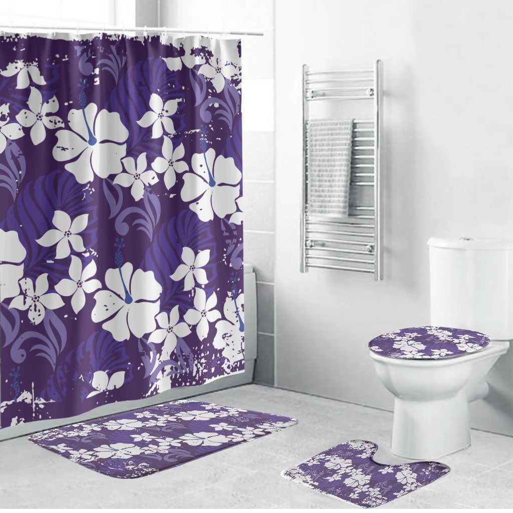 Purple Hawaiian Hibiscus Monstera Bathroom Set Grunge Stylized LT01 Bathroom Set (4 pcs) Purple - Polynesian Pride