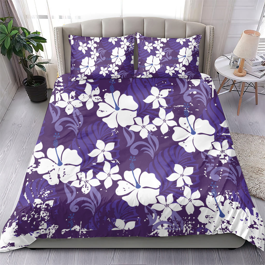 Purple Hawaiian Hibiscus Monstera Bedding Set Grunge Stylized