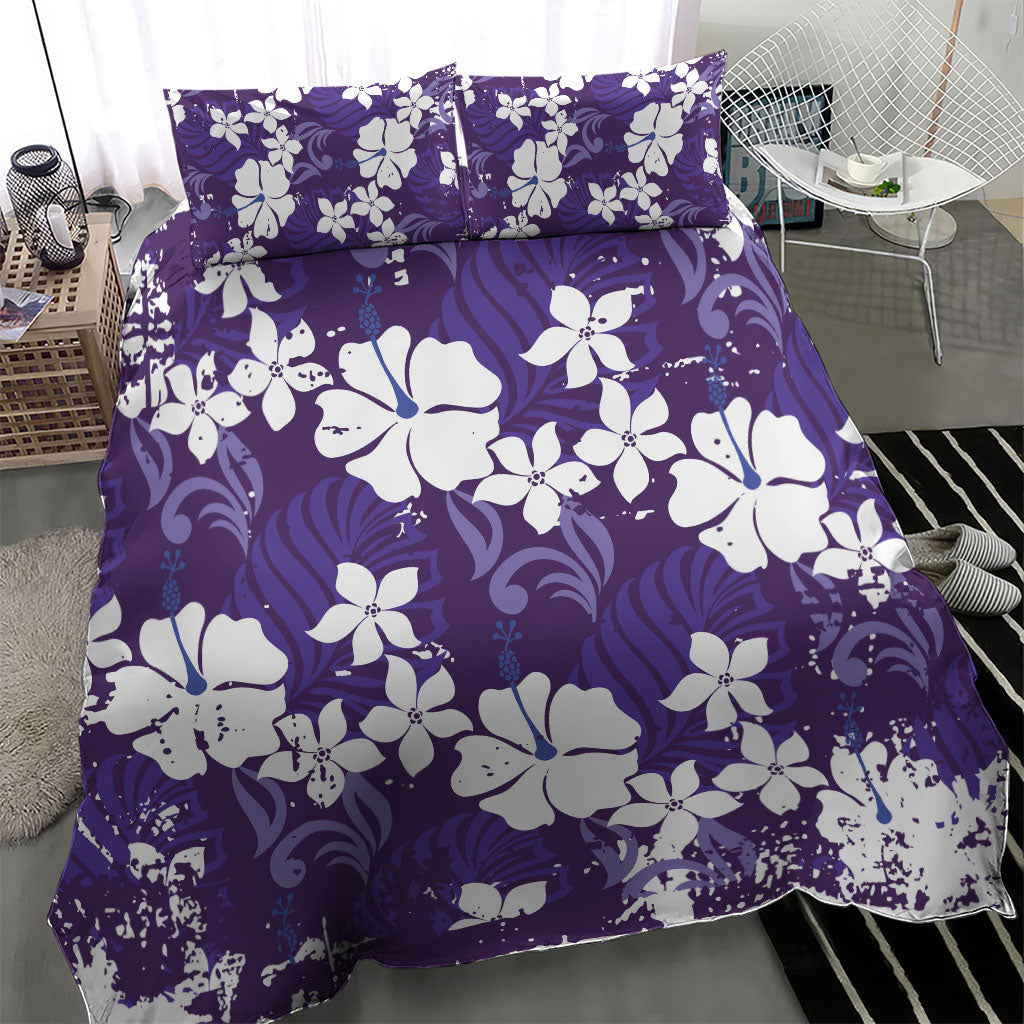 Purple Hawaiian Hibiscus Monstera Bedding Set Grunge Stylized