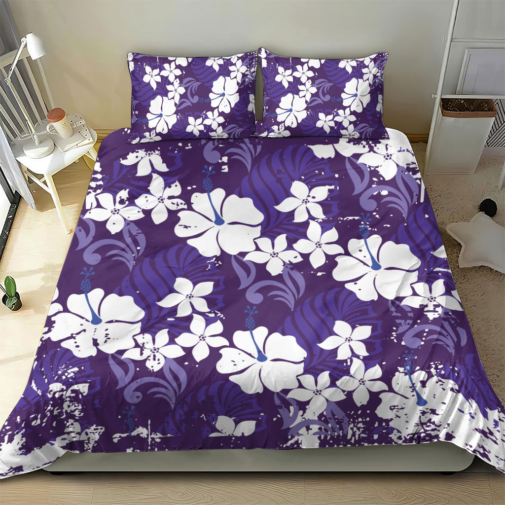 Purple Hawaiian Hibiscus Monstera Bedding Set Grunge Stylized