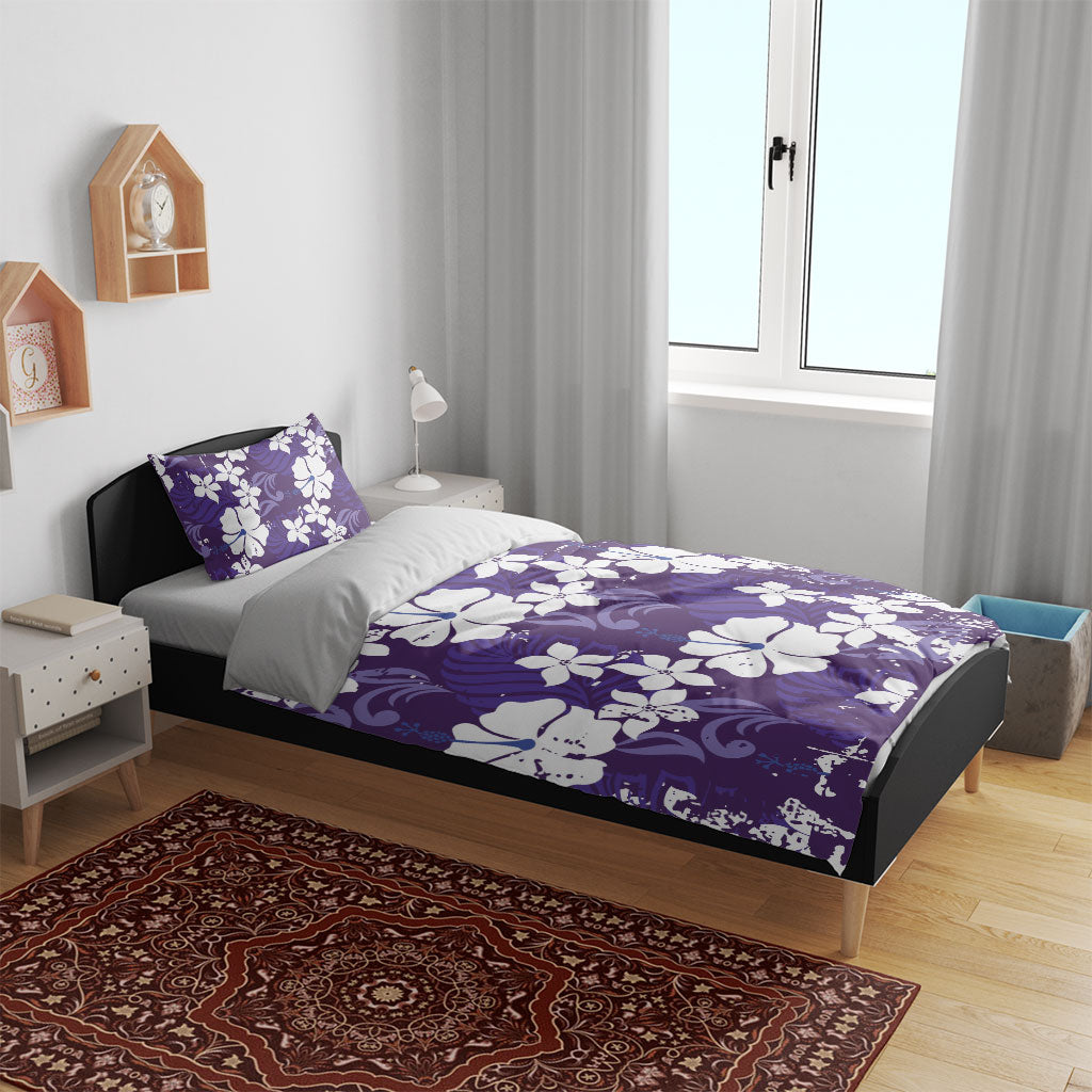 Purple Hawaiian Hibiscus Monstera Bedding Set Grunge Stylized
