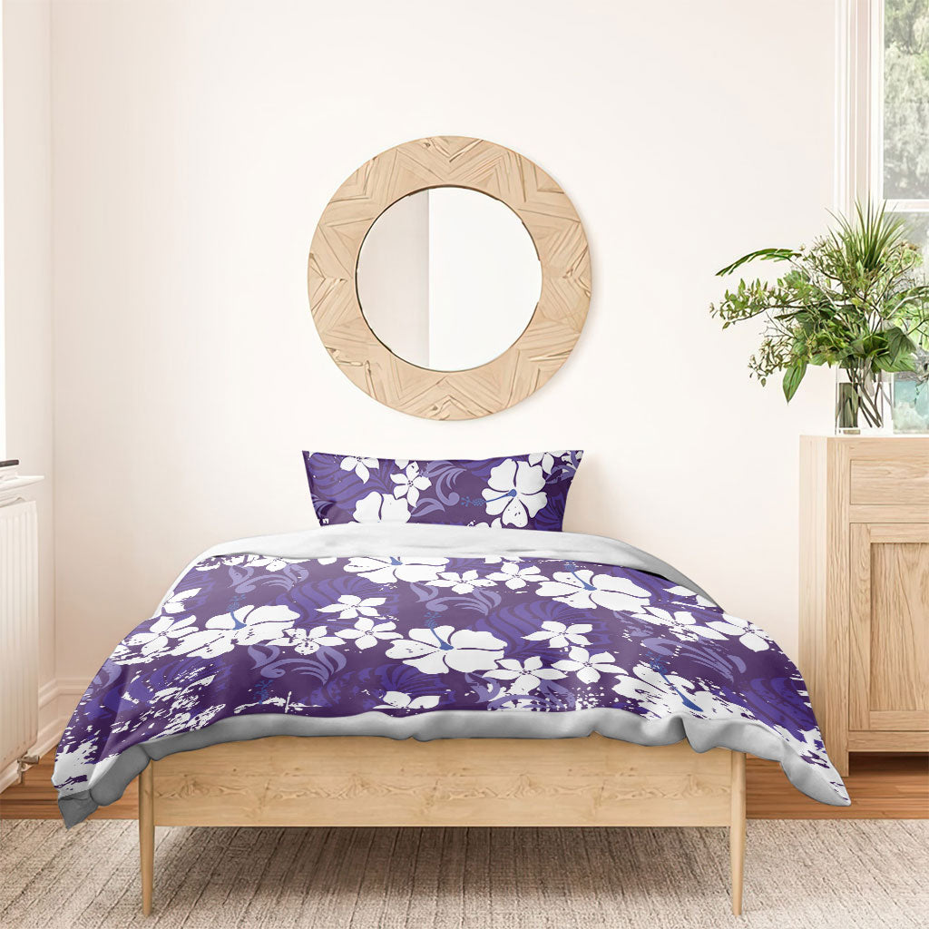 Purple Hawaiian Hibiscus Monstera Bedding Set Grunge Stylized