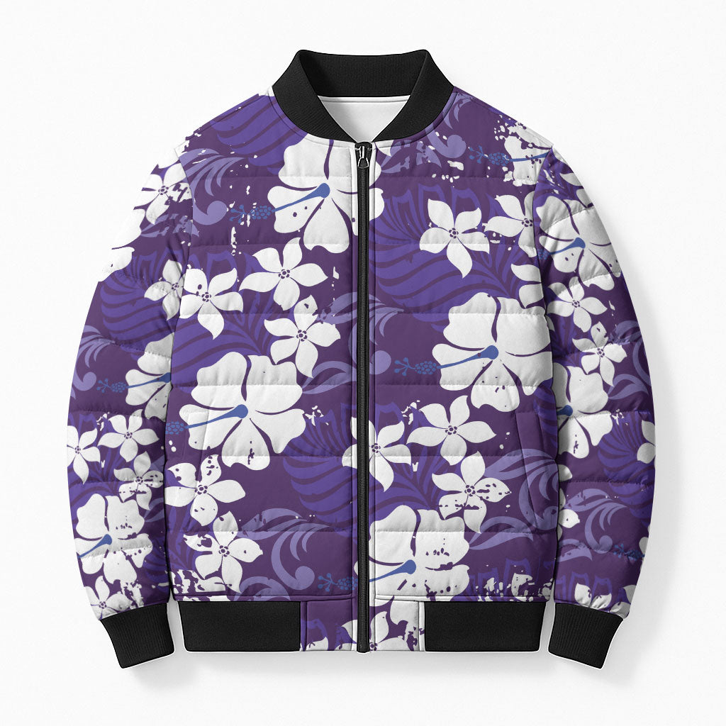 Purple Hawaiian Hibiscus Monstera Bomber Puffer Jacket Grunge Stylized LT01 Unisex Purple - Polynesian Pride