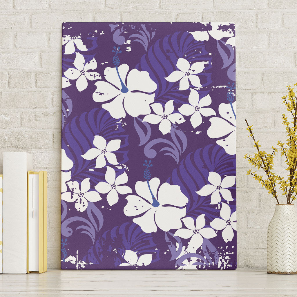 Purple Hawaiian Hibiscus Monstera Canvas Wall Art Grunge Stylized
